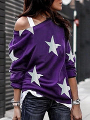 New five-pointed star Printed round collar long sleeve T-shirts