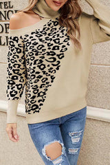 Street Leopard Asymmetrical Weave Turtleneck Tops Sweaters