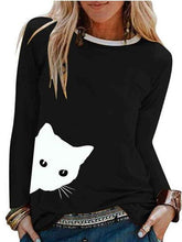 Fashion Cat print Round neck Long sleeve T-Shirts