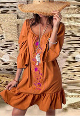 Embroidery Round neck Long sleeve Falbala Shift Dresses