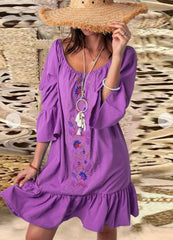 Embroidery Round neck Long sleeve Falbala Shift Dresses