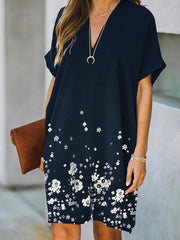 Navy Shift Floral Printed Short Sleeve V Neck Dresses