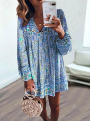 Women tie neck printed floral long sleeve shift dresses