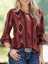 Fashion Geometry print V neck Mandarin sleeve T-Shirts