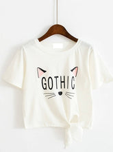 Cat printed women cute short sleeve tie design T-shirts