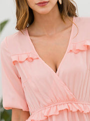 Slim sweet plain short sleeve v neck skater dresses