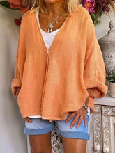 Casual Loose Plus Pure V neck Long sleeve Blouses