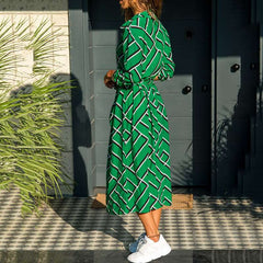 Fashion Print Lapel Long sleeve Pocket Lacing Shirt Maxi Dresses