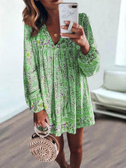 Women tie neck printed floral long sleeve shift dresses