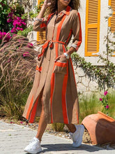 Fashion Print Lapel Long sleeve Pocket Lacing Shirt Maxi Dresses