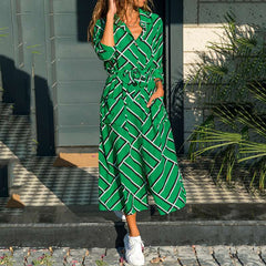 Fashion Print Lapel Long sleeve Pocket Lacing Shirt Maxi Dresses