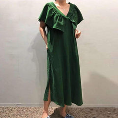 Casual Loose Pure V neck Falbala Cappa Maxi Dresses
