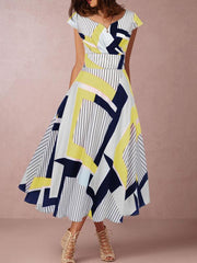 Elegant Short sleeved printed long skater dresses