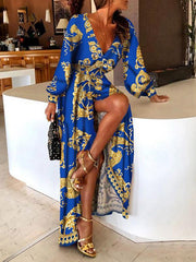Sexy deep v-neck vintage printed maxi dresses