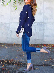 New Polka-dot Printed Deep V Neck Long Sleeve Casual Blouses