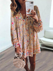 Women tie neck printed floral long sleeve shift dresses