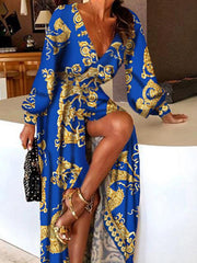 Sexy deep v-neck vintage printed maxi dresses