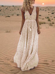 Sexy v-neck polka printed sleveless beach vacation dresses