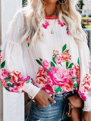 White Crew Neck Printed Floral Long Sleeve Shirts & Tops