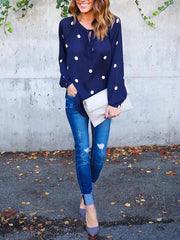 New Polka-dot Printed Deep V Neck Long Sleeve Casual Blouses