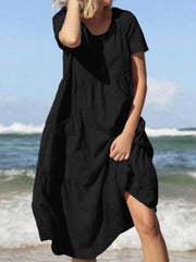 Casual Loose Pure Round neck Short sleeve Gored Pocket Maxi Dresses