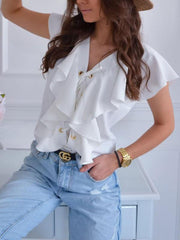 Elegant ruffled lace short sleeve women T-shirts