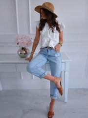 Elegant ruffled lace short sleeve women T-shirts