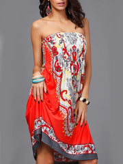 Sexy Bohemia Floral Strapless Elastic Waist A Line Mini Dress