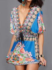 Beautiful Bohemia Floral Print Short Sleeve V Neck Mini Dress