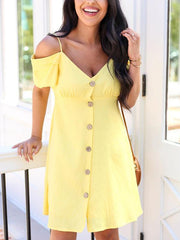 Women Off Shoulder Button Short Sleeve Shift Dresses