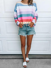 Autumn Fashion Printed Round Neck Long-sleeved Stripe Sweatshirts Top