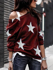 New five-pointed star Printed round collar long sleeve T-shirts
