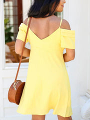 Women Off Shoulder Button Short Sleeve Shift Dresses