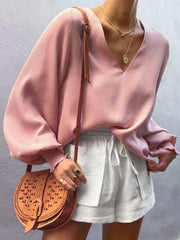 Casual Pure V neck Puff sleeve T-Shirts