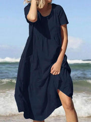 Casual Loose Pure Round neck Short sleeve Gored Pocket Maxi Dresses
