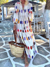 Fashion Casual Print V neck Puff sleeve Maxi Dresses