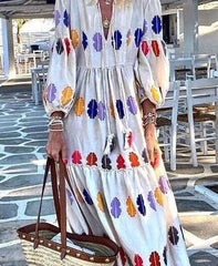 Fashion Casual Print V neck Puff sleeve Maxi Dresses