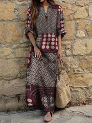 Fashion Print V neck Long sleeve Maxi Dresses