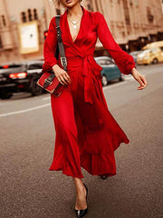 Elegant v-neck sexy waist tie maxi dresses