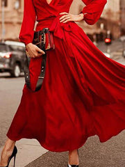 Elegant v-neck sexy waist tie maxi dresses