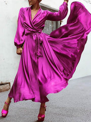 Elegant v-neck sexy waist tie maxi dresses