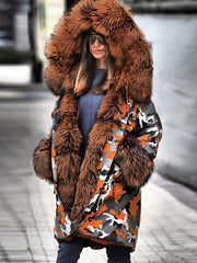 Warm fashion printed wool collar hooded coats