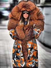 Warm fashion printed wool collar hooded coats