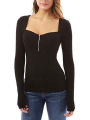 Square Neck Patchwork Zipper Plain Long Sleeve Woman T-Shirts