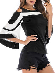 Vintage round neck open shoulder flared sleeve back zipper T-shirts