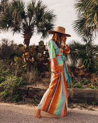 Fashion Casual Stripe Gored V neck Long sleeve Lacing Maxi Dresses