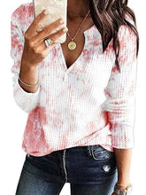 Women Plangi print V neck Long sleeve Knit T-Shirts