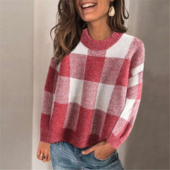 Casul Plaid Round neck Long sleeve Knit Sweaters