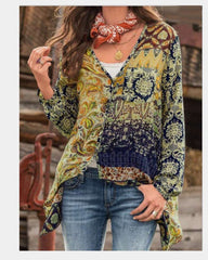 Casual Loose Retro print V neck Long sleeve Blouses