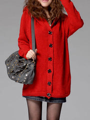 Buttoned Hoodie Knitted Long Sleeve Cardigan Coat